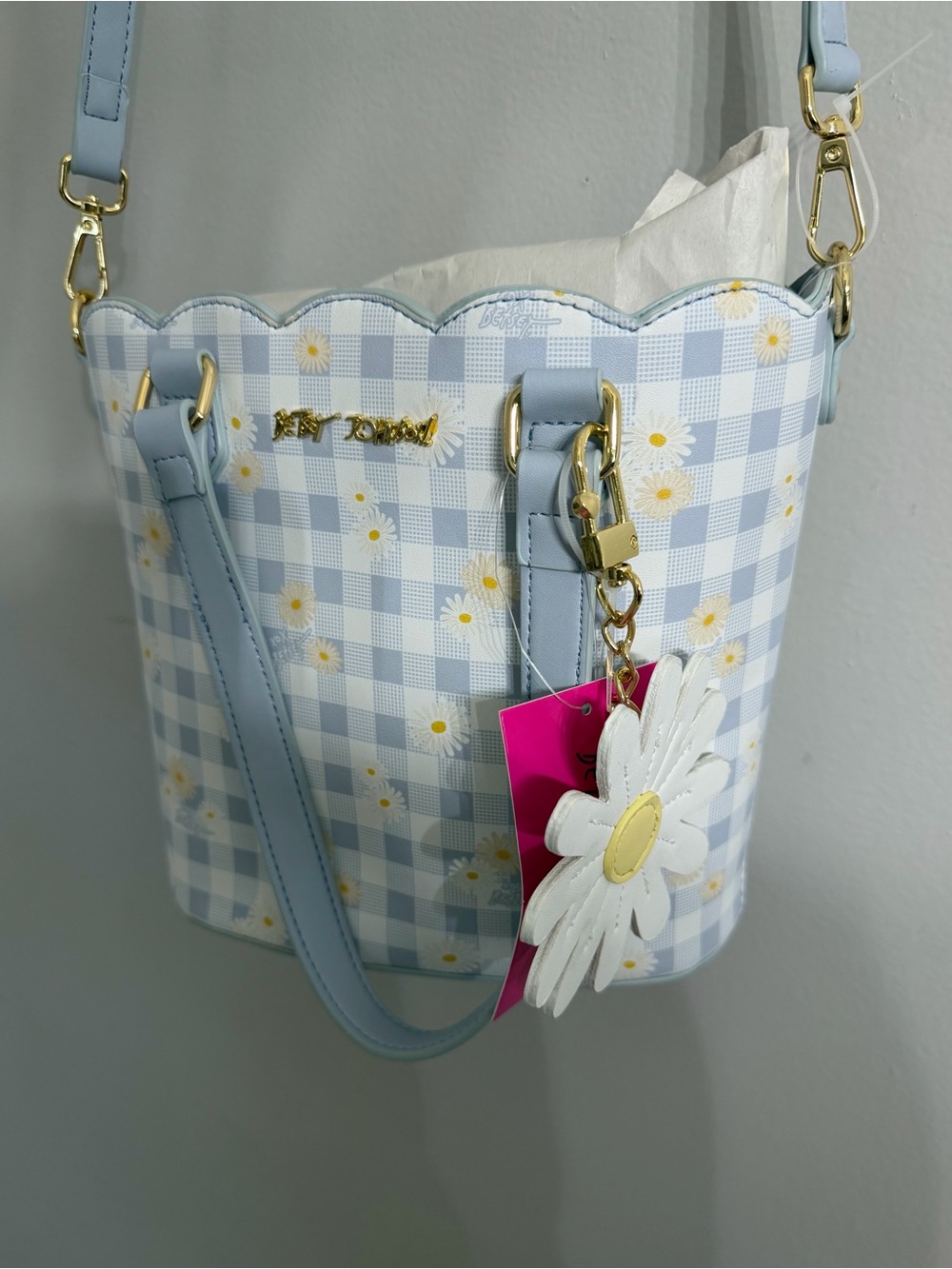 *NWT* Betsey Johnson Purse Blue Gingham and Daisy Pattern Shoulder Tote Bag - Picture 3 of 5